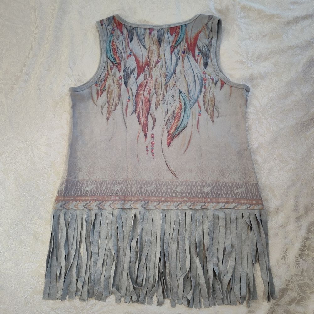 Vocal Western Fringe Rhinestone Feather Sleeveless Soft Flowy Top Womens Large - Picture 2 of 7